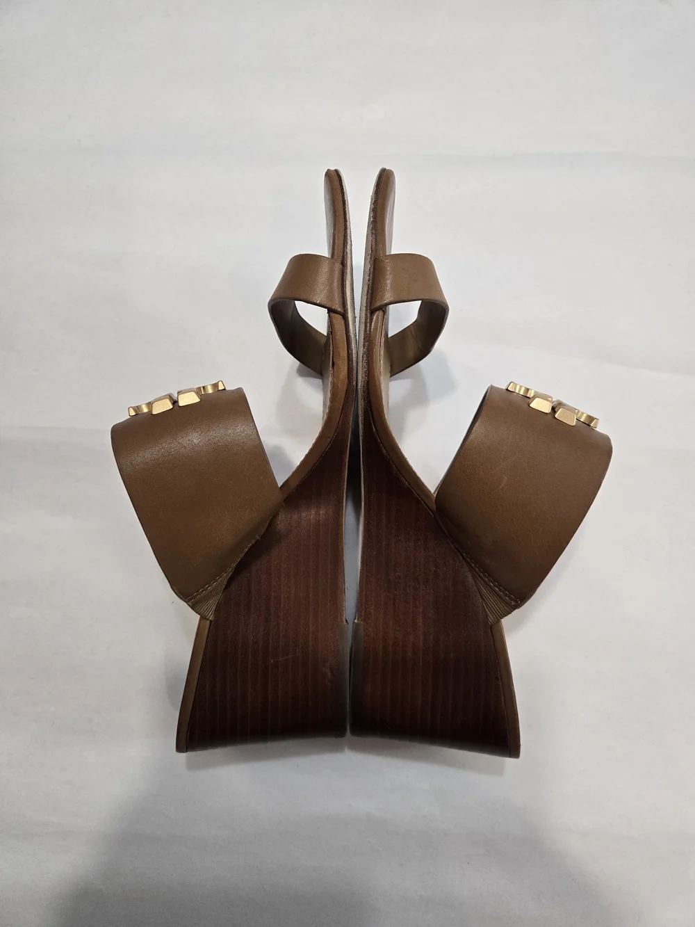 Tory Burch Everly Wedge Leather High Heel Brown Slide Sandals Sz 9 M Brown Gold
